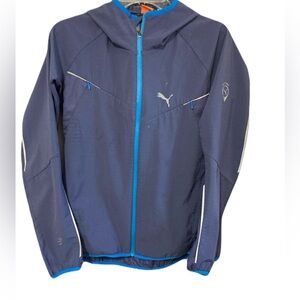 Puma Men's Navy Blue Hooded Windbreaker with Bright Blue Trim